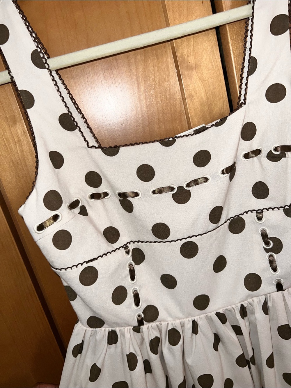 Jacqui E Cream Dress with Brown Polka Dots - Picture 5 of 7